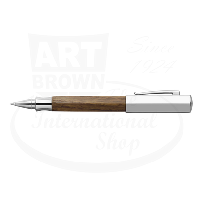 Faber-Castell Ondoro Smoked Oak Rollerball Pen with hexagonal barrel and polished chrome accents
