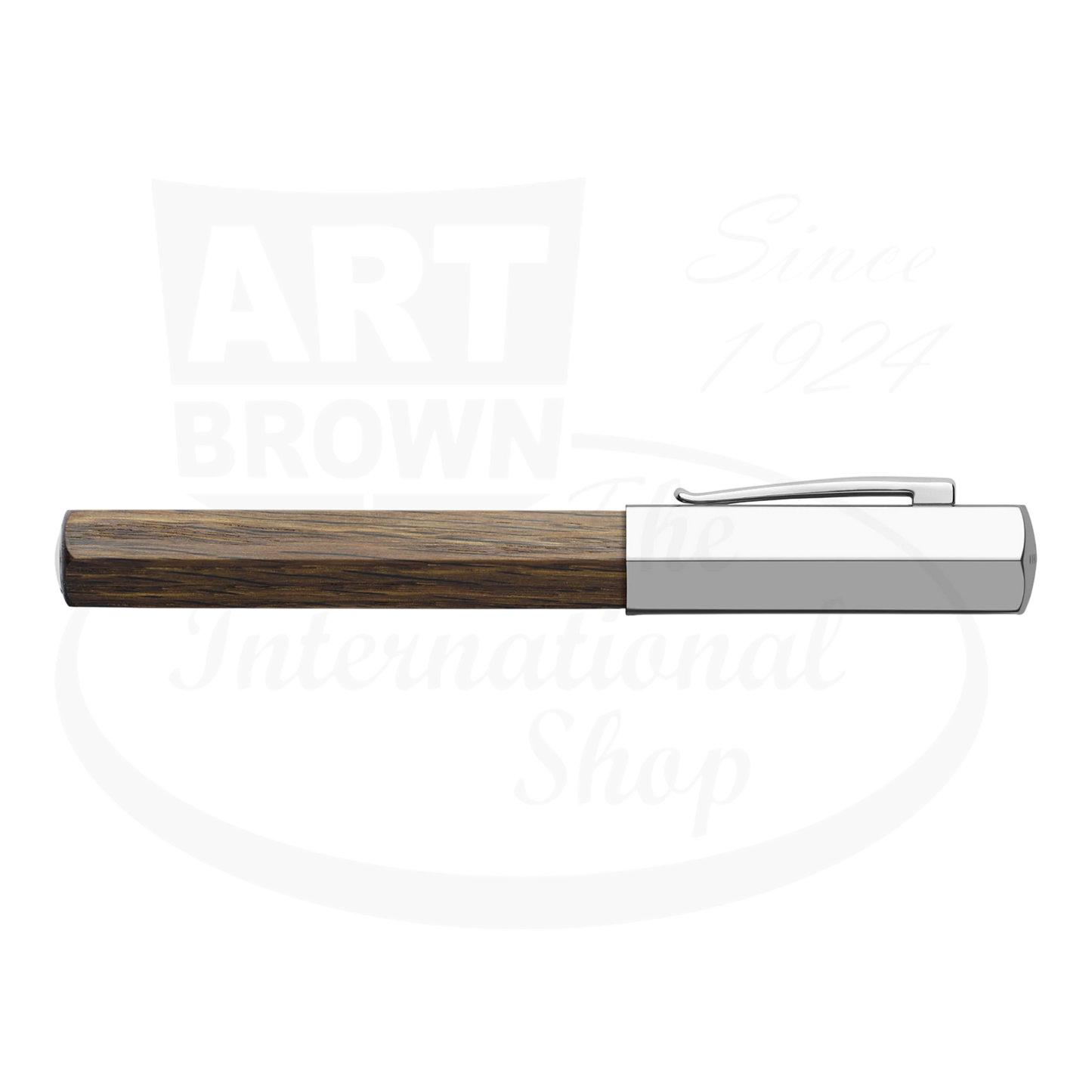 Faber-Castell Ondoro Rollerball Pen smoked oak barrel with polished chrome cap and clip side view