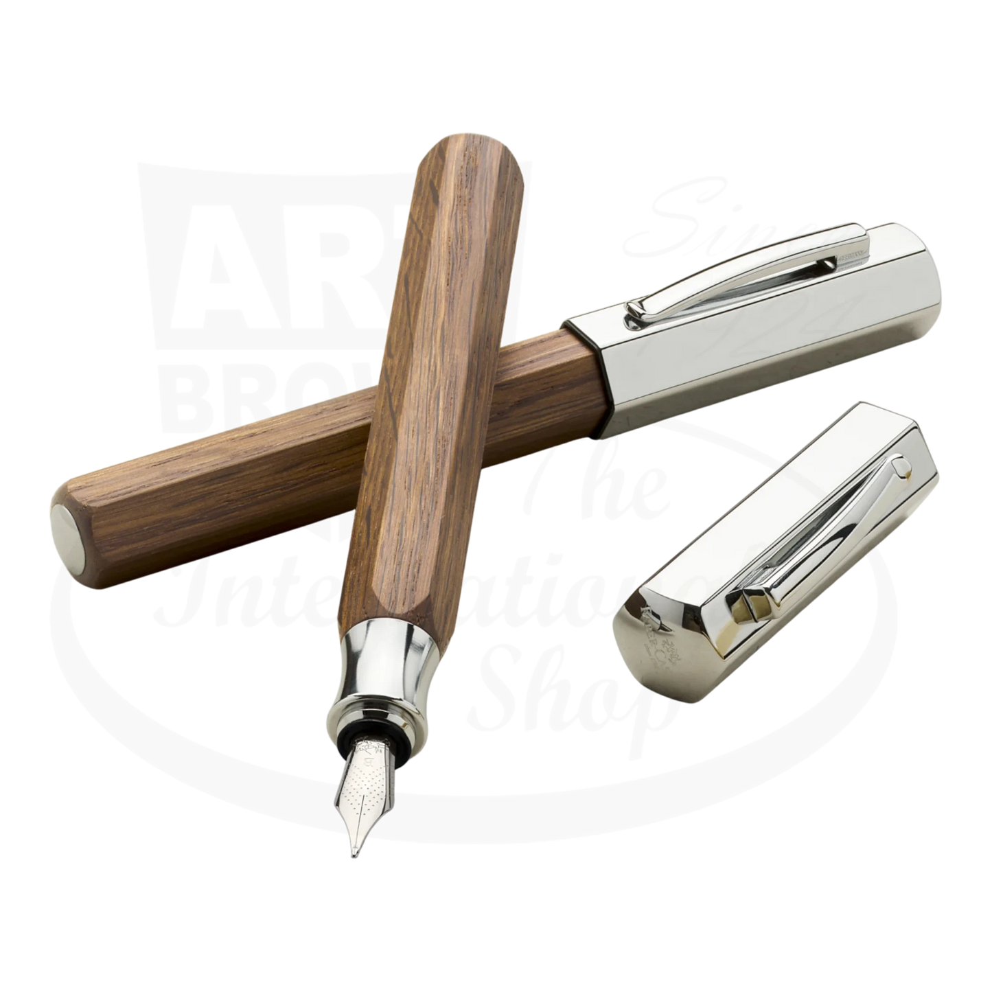 Faber-Castell Ondoro Fountain Pen hexagonal smoked oak barrel with chrome-plated cap and nib detail