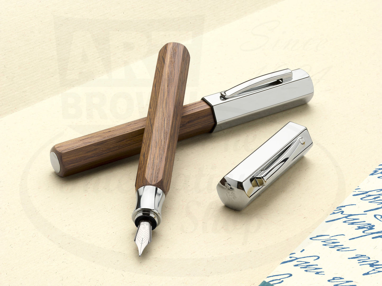 Faber-Castell Ondoro Fountain Pen wood barrel with chrome cap and nib, hexagonal shape, smooth finish