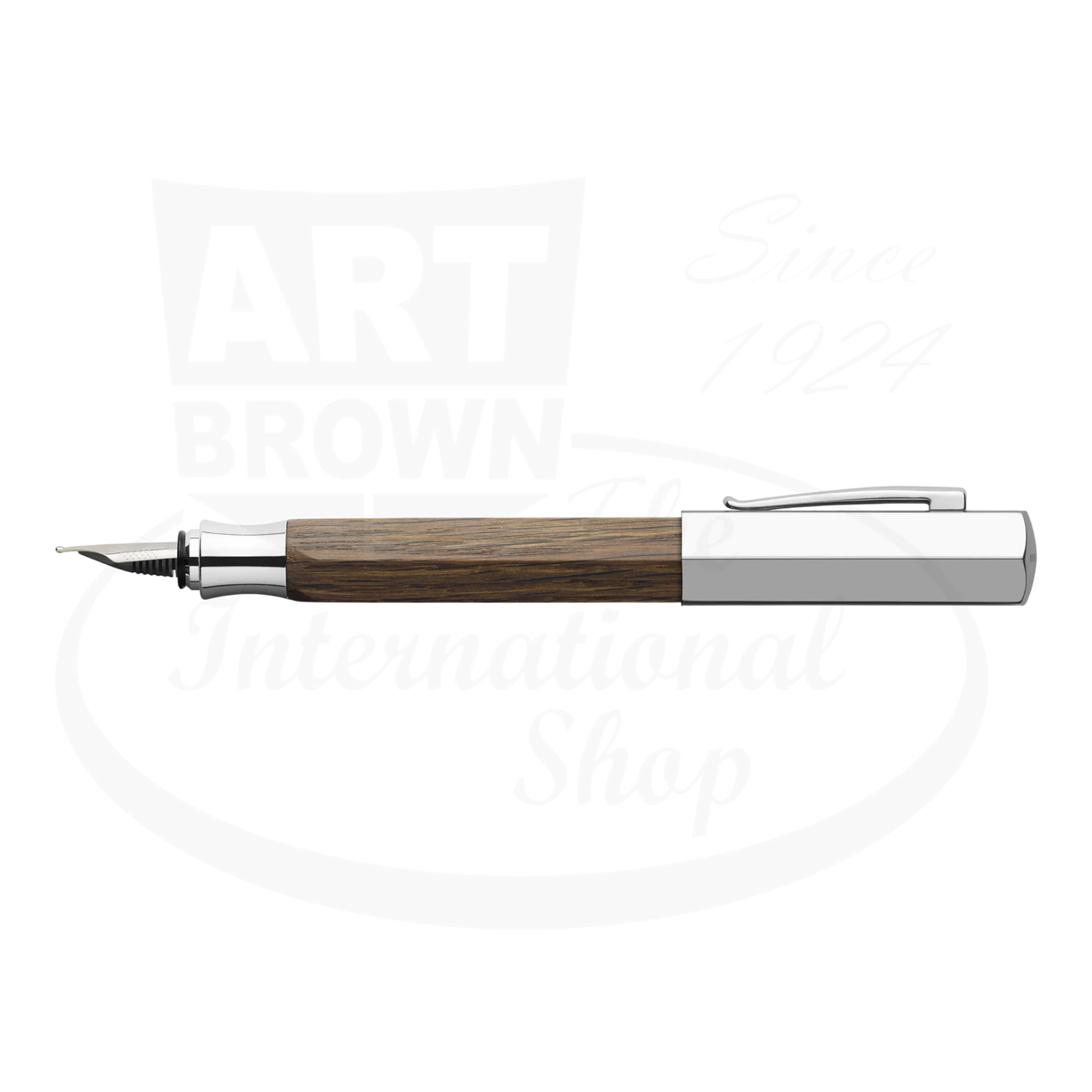 Faber-Castell Ondoro wood fountain pen with hexagonal smoked oak barrel and chrome-plated cap and nib section