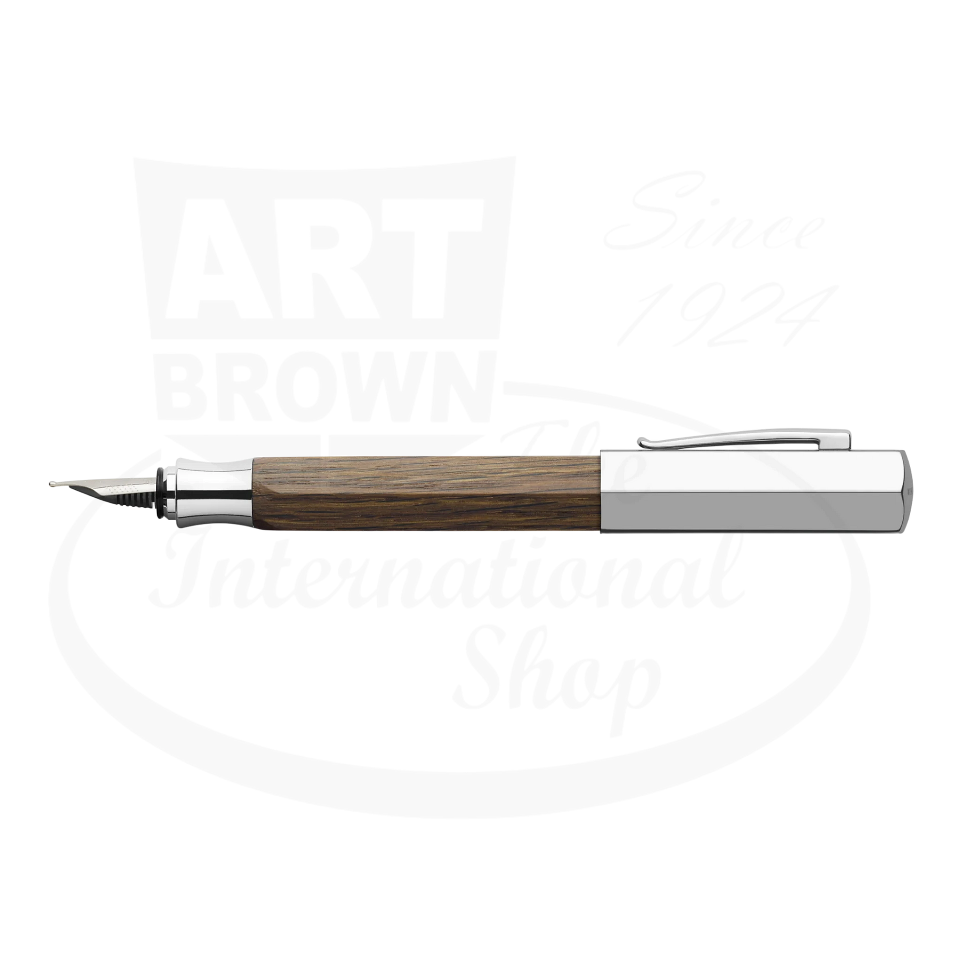 Faber-Castell Ondoro wood fountain pen with hexagonal smoked oak barrel and chrome-plated cap and nib section
