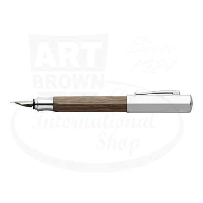 Faber-Castell Ondoro wood fountain pen with hexagonal smoked oak barrel and chrome-plated cap and nib section