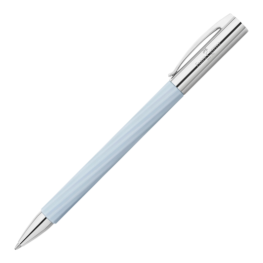 Sleek light blue ballpoint pen with polished silver accents and clip, showcasing modern luxury design.