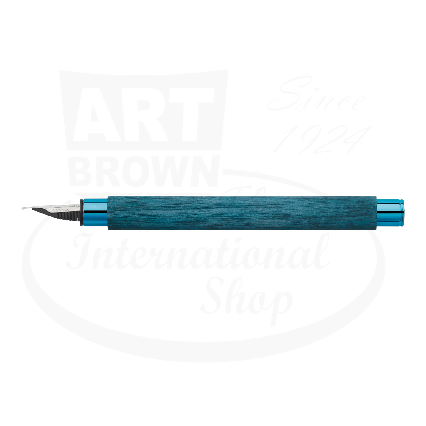 Faber-Castell Ambition Blue Wood Fountain Pen with deep blue hornbeam wood barrel and polished chrome accents