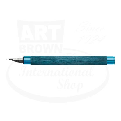Faber-Castell Ambition Blue Wood Fountain Pen with deep blue hornbeam wood barrel and polished chrome accents