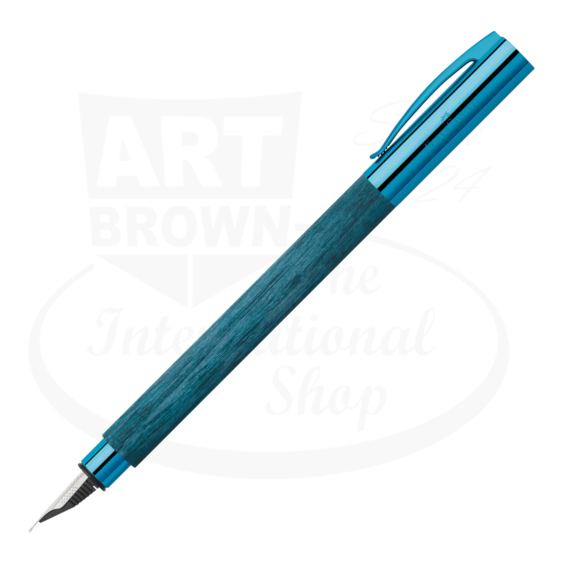 Faber-Castell Ambition Blue Wood Fountain Pen with polished chrome accents and deep blue stained hornbeam wood barrel