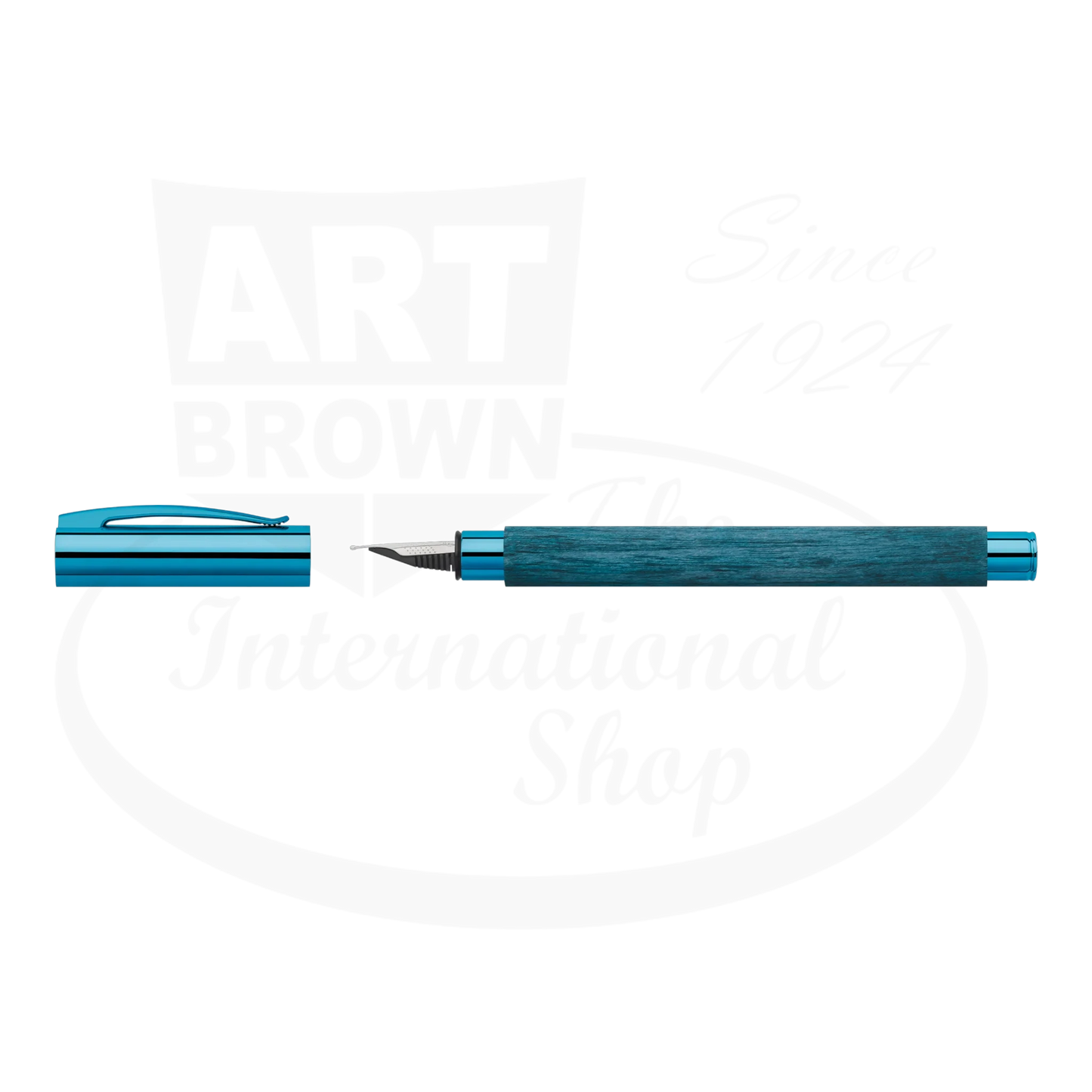Faber-Castell Ambition Blue Wood Fountain Pen with hornbeam wood barrel in deep blue and chrome accents