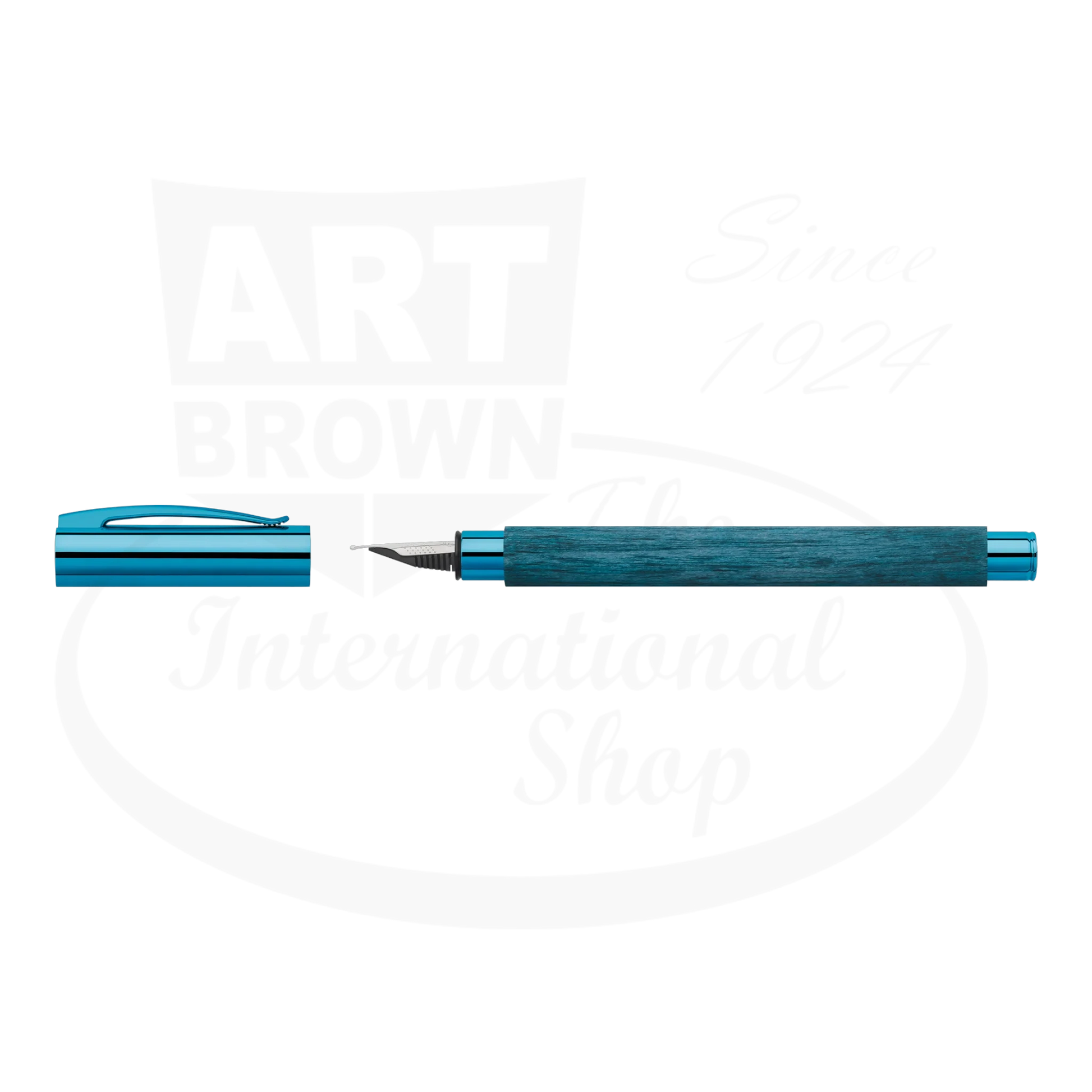 Faber-Castell Ambition Blue Wood Fountain Pen with hornbeam wood barrel in deep blue and chrome accents