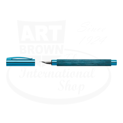 Faber-Castell Ambition Blue Wood Fountain Pen with hornbeam wood barrel in deep blue and chrome accents