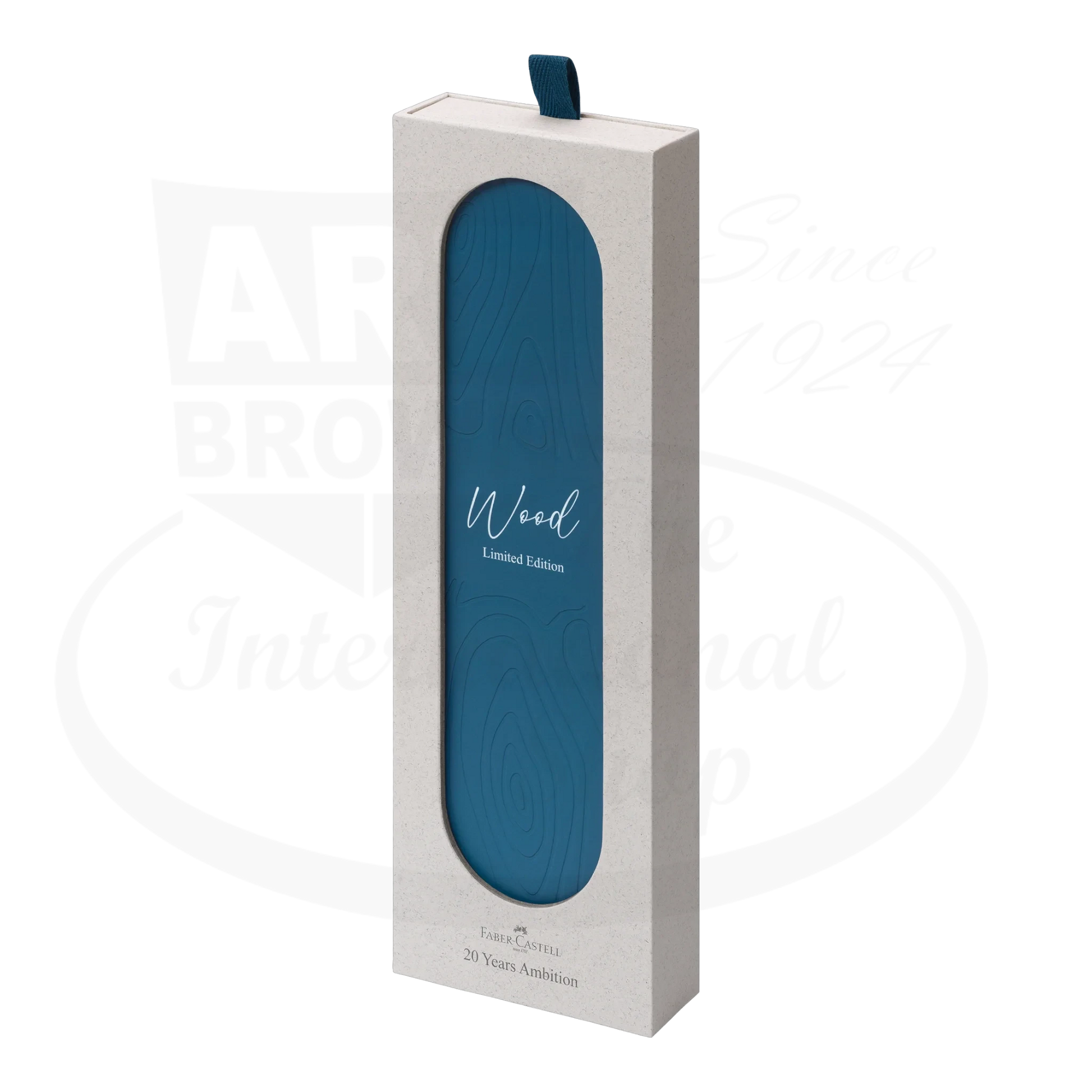 Faber-Castell Ambition Blue Wood Fountain Pen box with beige paper packaging and blue wood grain design window panel