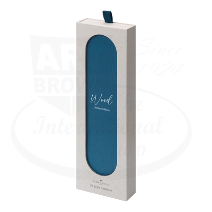 Faber-Castell Ambition Blue Wood Fountain Pen box with beige paper packaging and blue wood grain design window panel