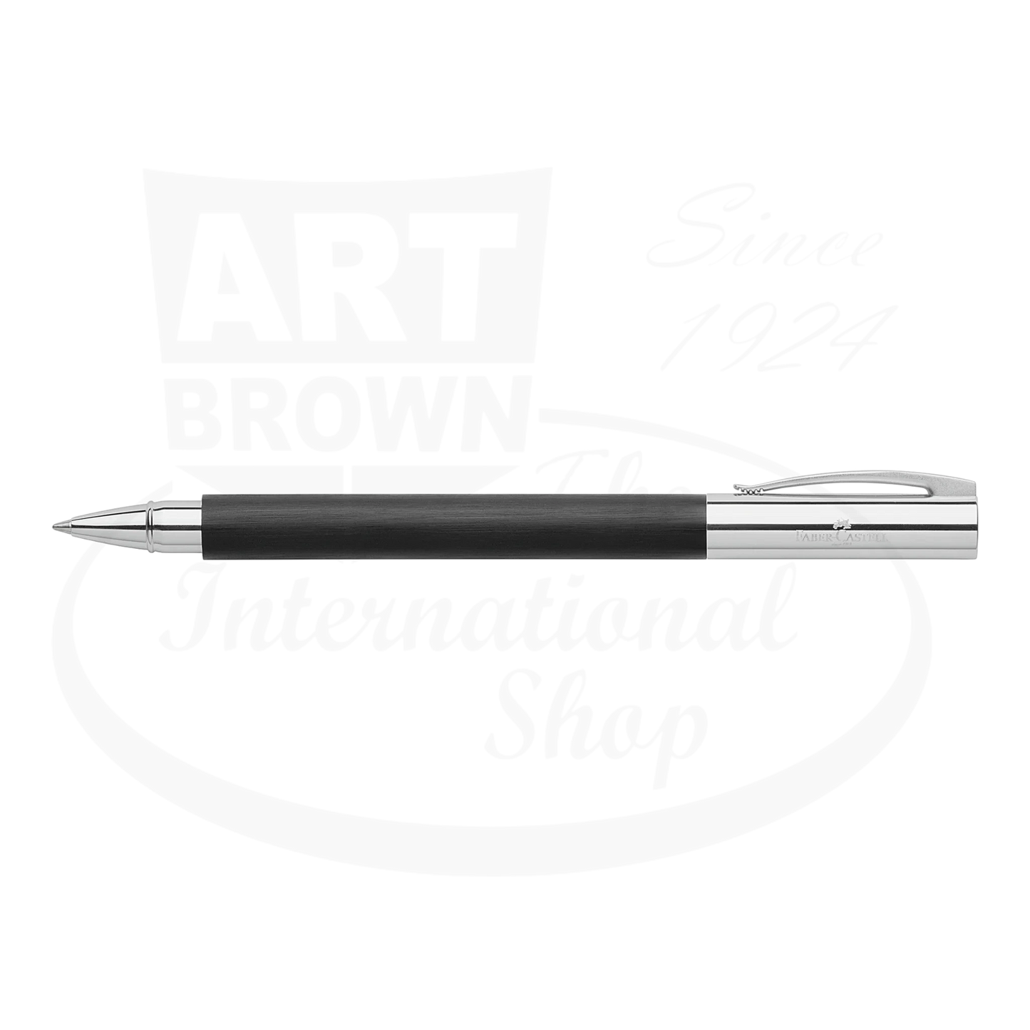 Faber-Castell Ambition Black Resin rollerball pen with polished chrome trim sleek barrel design
