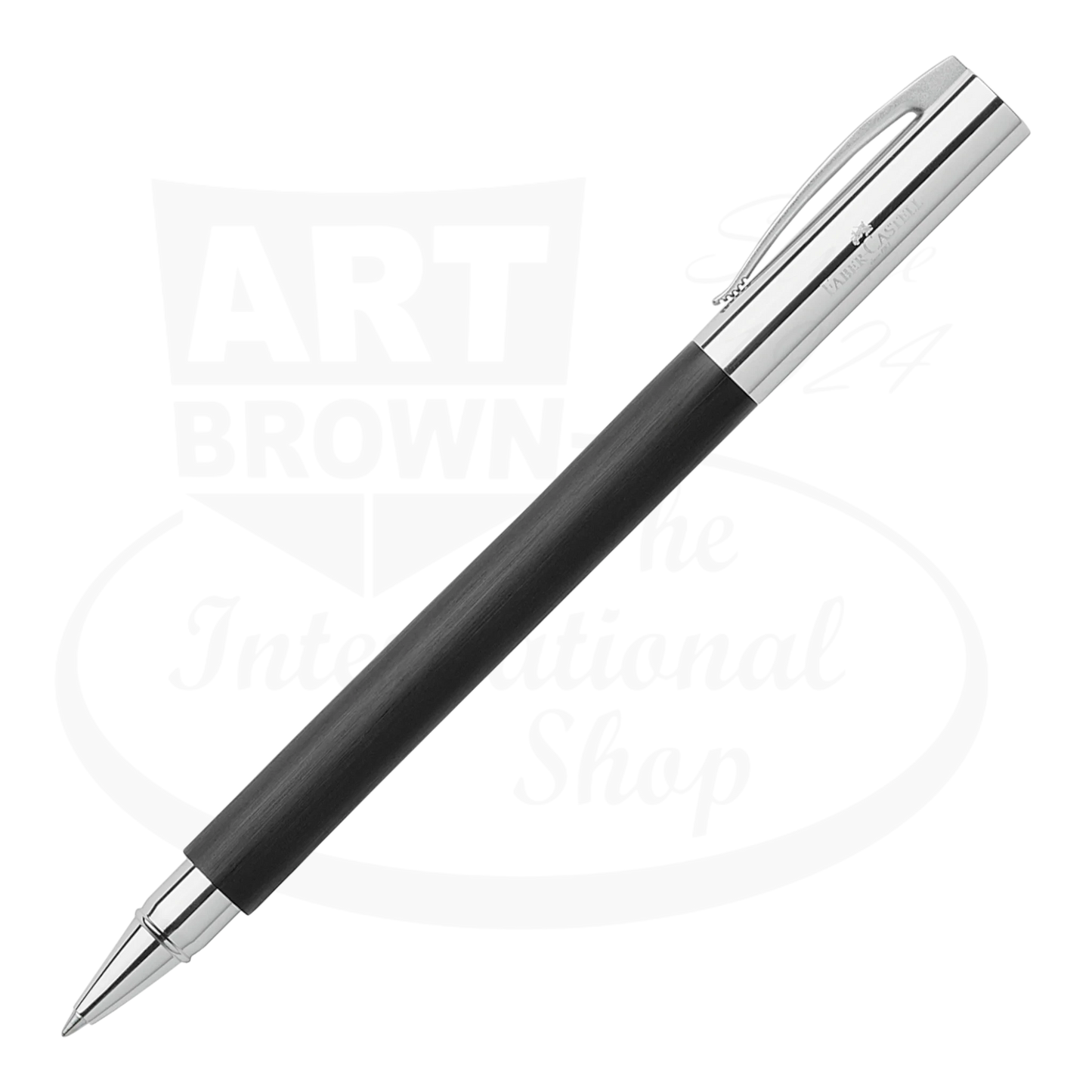 Faber-Castell Ambition Black Resin Rollerball pen with chrome trim sleek black barrel and silver cap