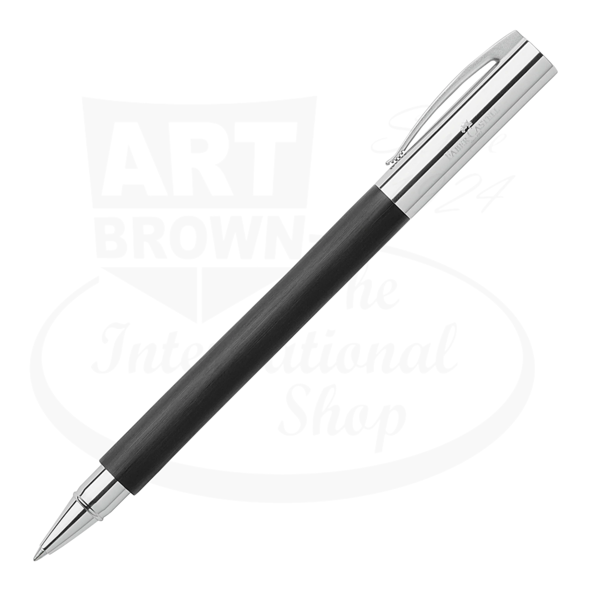 Faber-Castell Ambition Black Resin Rollerball pen with chrome trim sleek black barrel and silver cap