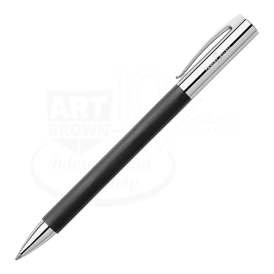 Faber-Castell Ambition black resin ballpoint pen shown diagonally with polished silver cap and tip