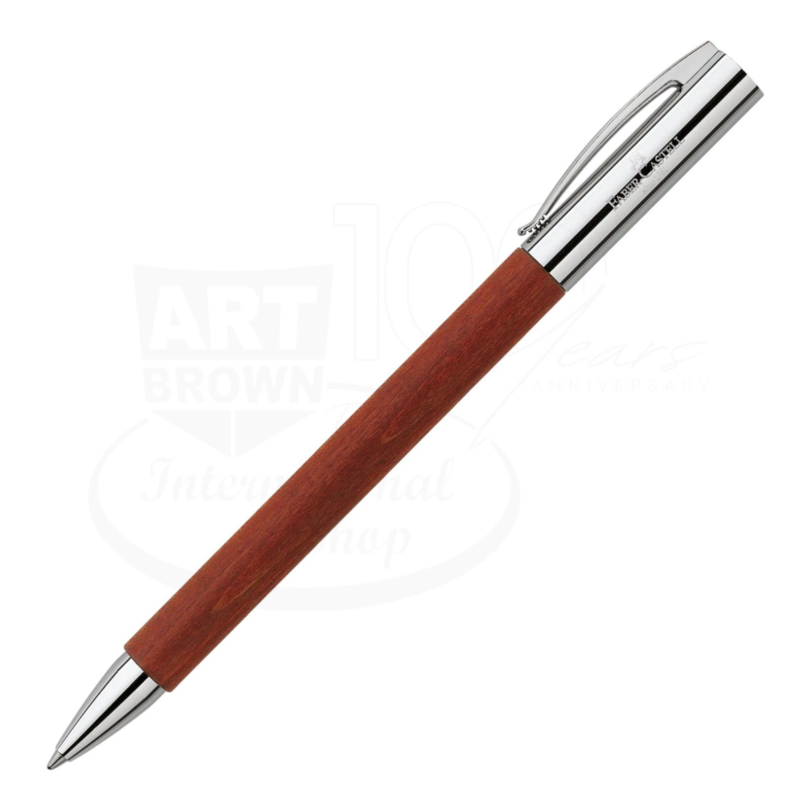 Sleek ballpoint pen with polished chrome accents and a rich pearwood barrel, perfect as a luxury executive pen.