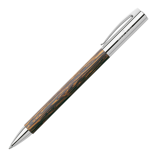 Sleek ballpoint pen with polished metal accents and a natural coconut wood barrel for a refined executive feel