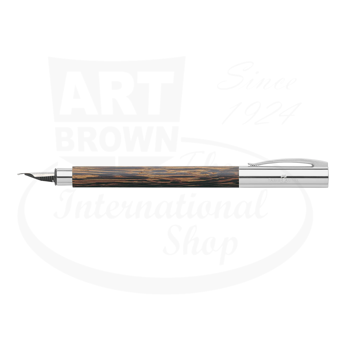 Faber-Castell Ambition Coconut Fountain Pen with polished chrome accents and textured dark coconut wood barrel