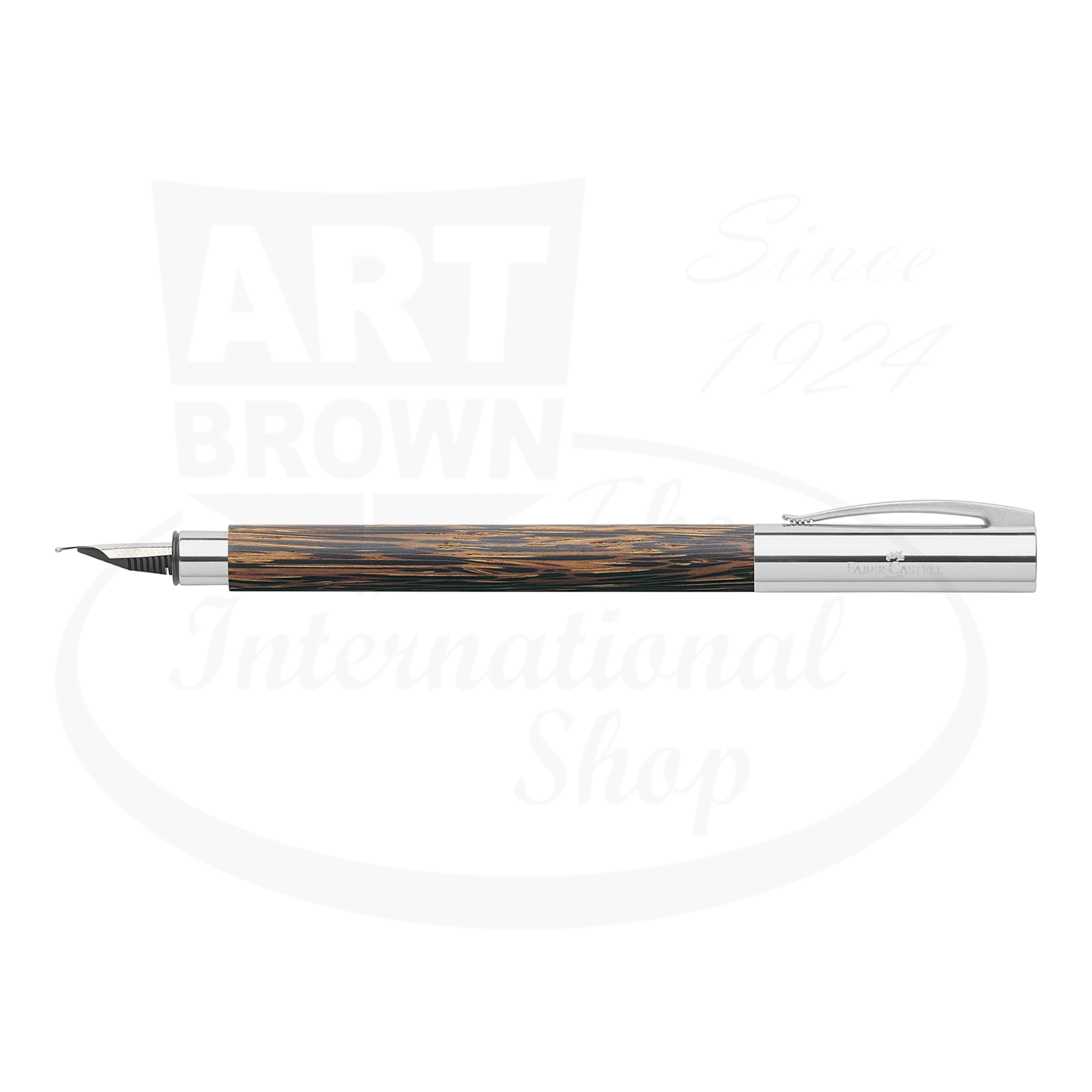 Faber-Castell Ambition Coconut Fountain Pen with polished chrome accents and textured dark coconut wood barrel