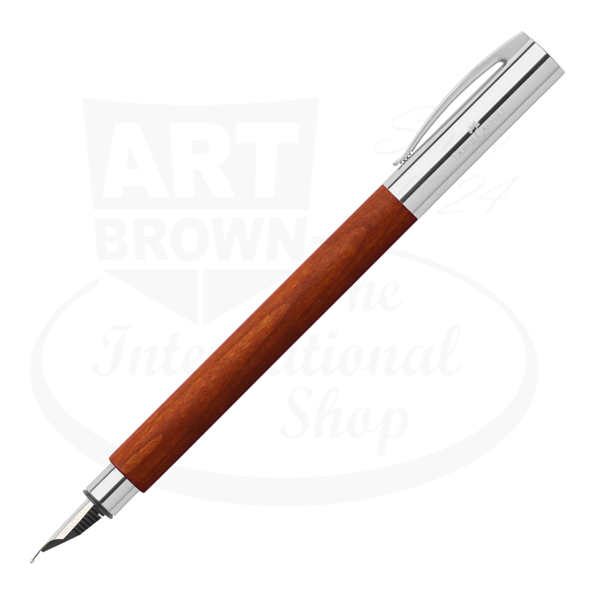 Faber-Castell Ambition Pearwood Fountain Pen with polished chrome cap and warm reddish pearwood barrel