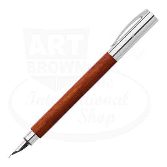 Faber-Castell Ambition Pearwood Fountain Pen with polished chrome cap and warm reddish pearwood barrel