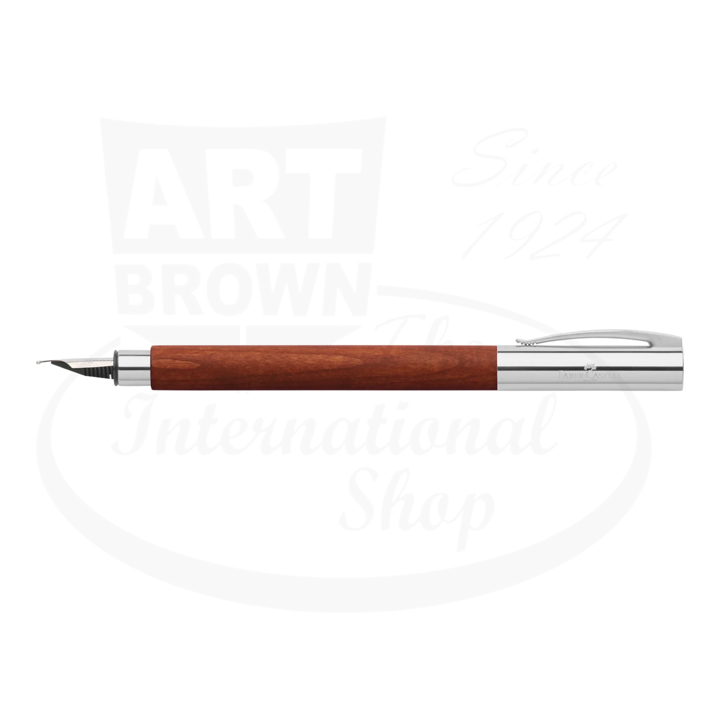 Faber-Castell Ambition Pearwood Fountain Pen with polished chrome cap and warm reddish wood barrel sleek design