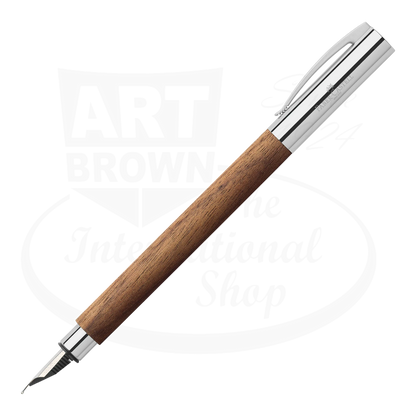 Faber-Castell Ambition Walnut fountain pen with wood barrel and chrome-plated metal cap and nib, sleek elegant design