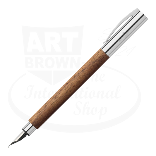 Faber-Castell Ambition Walnut fountain pen with wood barrel and chrome-plated metal cap and nib, sleek elegant design