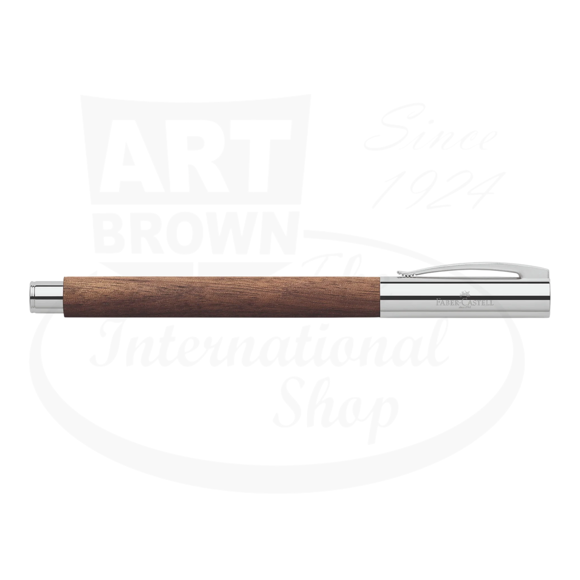 Faber-Castell Ambition Walnut fountain pen with chrome-plated trim, smooth walnut wood barrel, sleek design