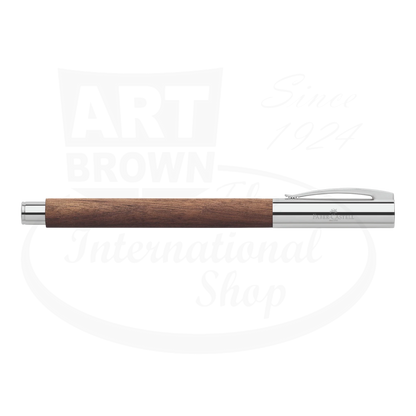 Faber-Castell Ambition Walnut fountain pen with chrome-plated trim, smooth walnut wood barrel, sleek design