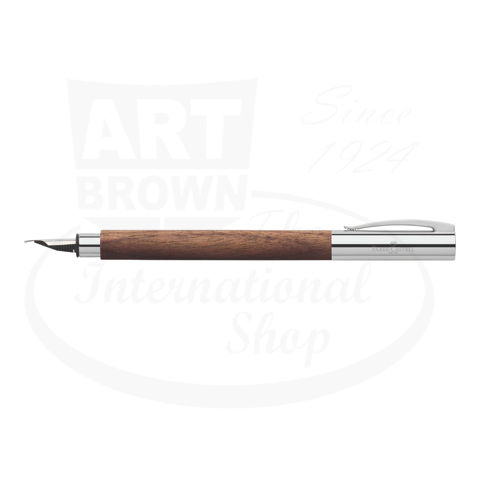 Faber-Castell Ambition Walnut fountain pen with chrome trim and smooth polished wooden barrel in warm brown tones