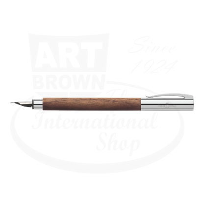 Faber-Castell Ambition Walnut fountain pen with chrome trim and smooth polished wooden barrel in warm brown tones