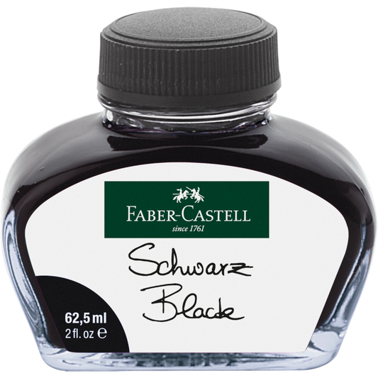 Bottle of Faber-Castell black ink with a distinctive curved glass design and black screw cap closure