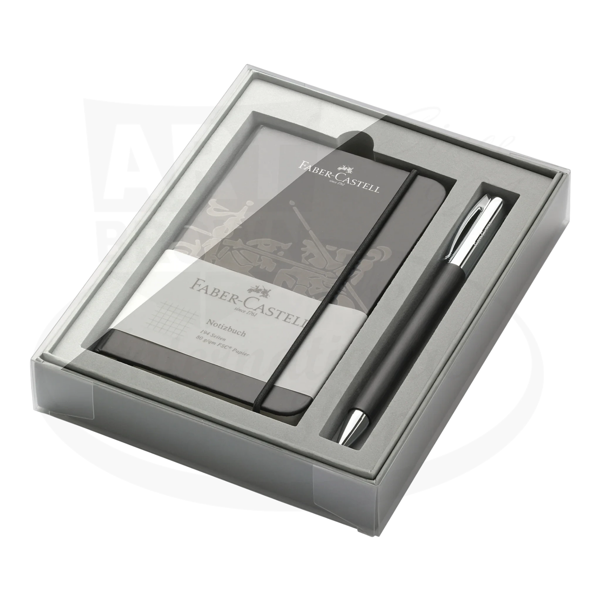 Faber-Castell Ambition Black Resin ballpoint pen and black notebook gift set with chrome trim in clear box