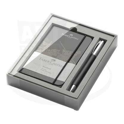 Faber-Castell Ambition Black Resin ballpoint pen and black notebook gift set with chrome trim in clear box