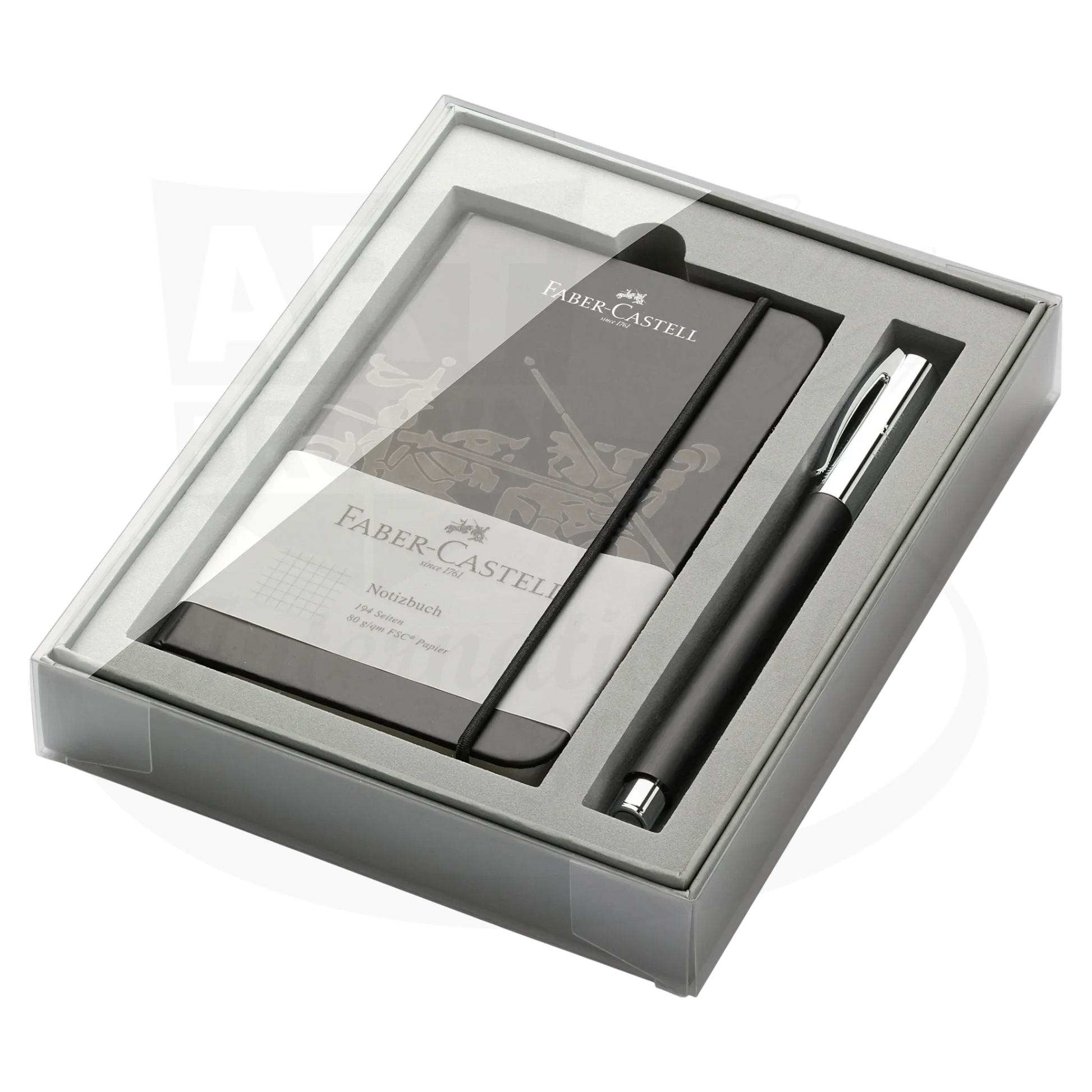 Faber-Castell Ambition Black Resin rollerball pen and black notebook gift set with chrome accents in clear case