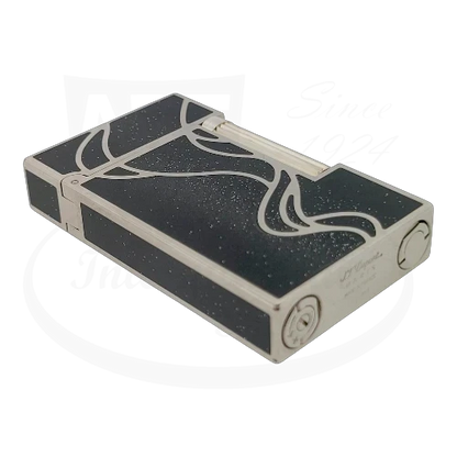 S.T. Dupont Ligne 2 016023 silver palladium and black lacquer lighter with silver swirl design and ribbed ignition roller