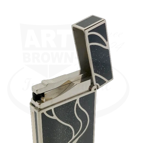 S.T. Dupont Ligne 2 016023 silver palladium lighter with black lacquer and silver dust swirl design, display model with ribbed roller