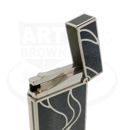 S.T. Dupont Ligne 2 016023 silver palladium lighter with black lacquer and silver dust swirl design, display model with ribbed roller