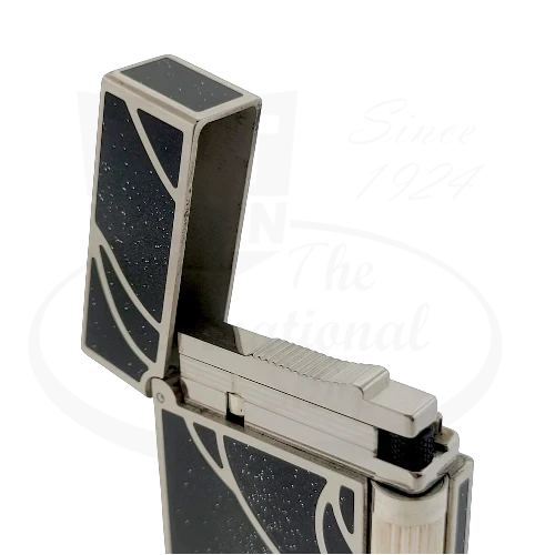 S.T. Dupont Ligne 2 016023 palladium lighter with black lacquer and silver swirl detail, display model with ribbed roller
