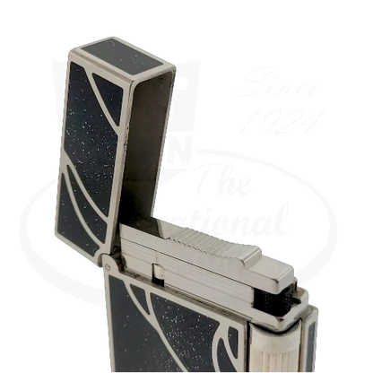S.T. Dupont Ligne 2 016023 palladium lighter with black lacquer and silver swirl detail, display model with ribbed roller