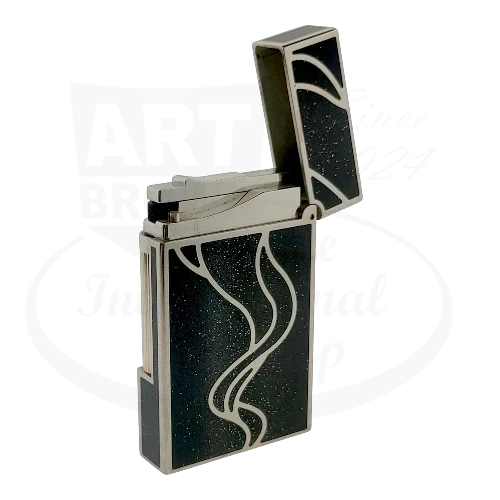 S.T. Dupont Ligne 2 016023 palladium lighter with black lacquer and silver swirl design open display model