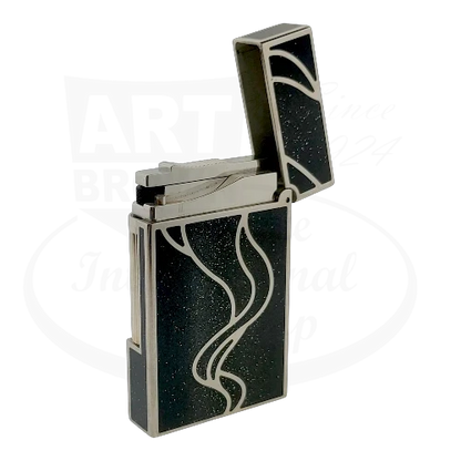 S.T. Dupont Ligne 2 016023 palladium lighter with black lacquer and silver swirl design open display model