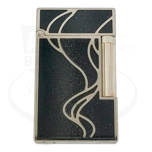 S.T. Dupont Ligne 2 016023 palladium lighter with black lacquer and silver powder swirl design, ribbed ignition roller
