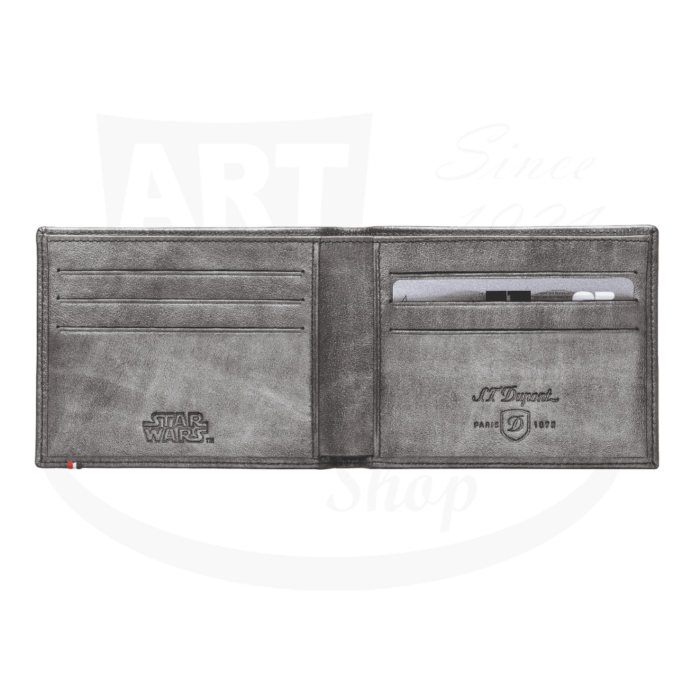 S.T. Dupont Limited Edition Star Wars Line D Silver leather wallet with Star Wars rebel alliance logo. Open with 6 card slots