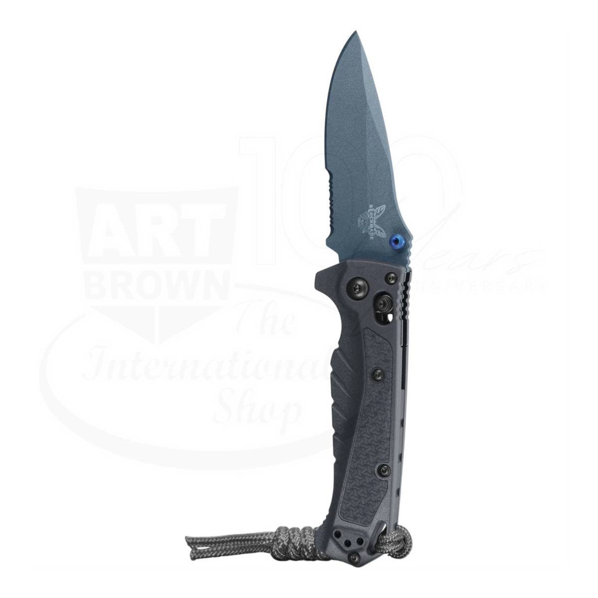 Benchmade Mini Adira folding knife with gray Grivory handle and drop point blade open beside Art Brown logo