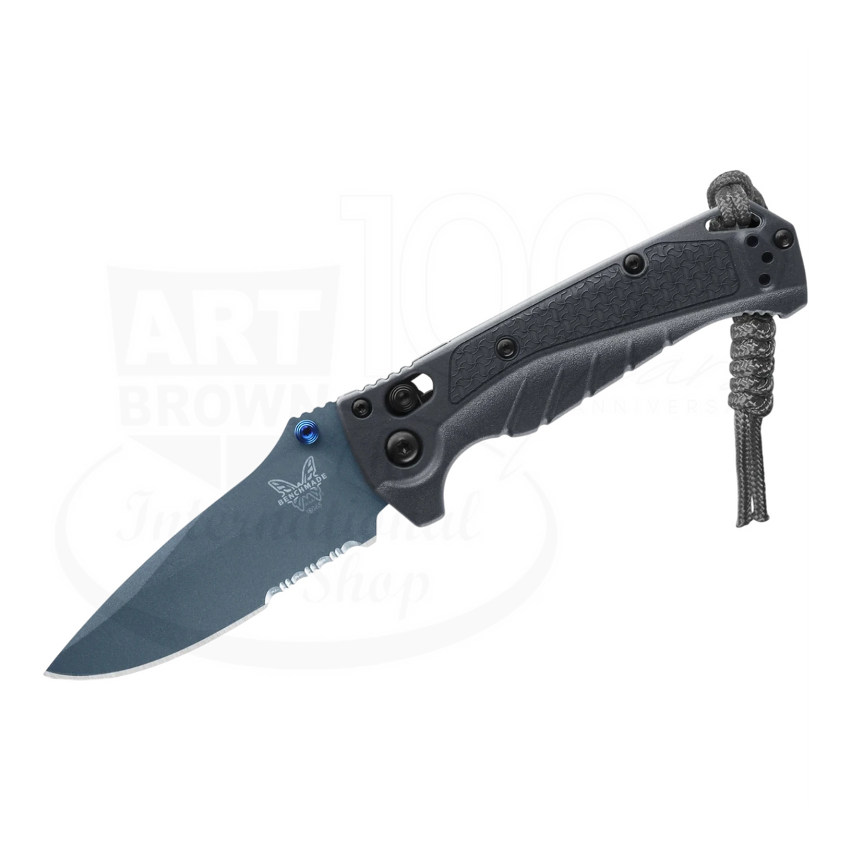 Benchmade Mini Adira folding knife in Tempest Gray with open drop point blade and lanyard