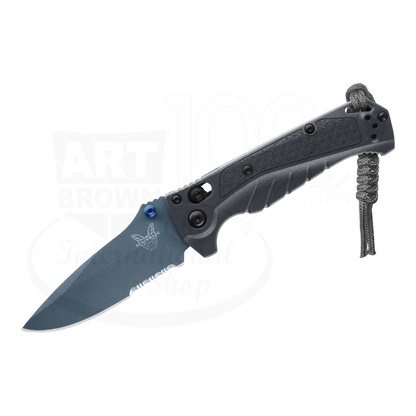 Benchmade Mini Adira folding knife in Tempest Gray with open drop point blade and lanyard