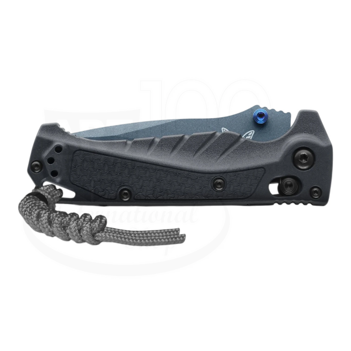 Benchmade Mini Adira in Tempest Gray with textured Grivory handle, blue thumb stud, and paracord lanyard